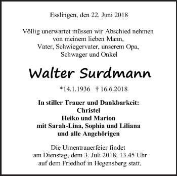 Traueranzeige von Walter Surdmann von Eßlinger Zeitung/Cannstatter Zeitung