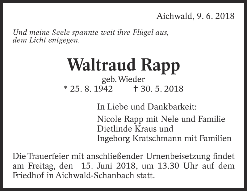  Traueranzeige für Waltraud Rapp vom 09.06.2018 aus Eßlinger Zeitung/Cannstatter Zeitung