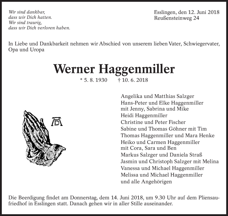  Traueranzeige für Werner Haggenmiller vom 12.06.2018 aus Eßlinger Zeitung/Cannstatter Zeitung