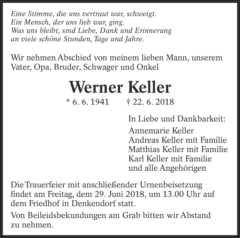  Traueranzeige für Werner Keller vom 27.06.2018 aus Eßlinger Zeitung/Cannstatter Zeitung