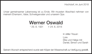 Traueranzeige von Werner Oswald von Eßlinger Zeitung/Cannstatter Zeitung