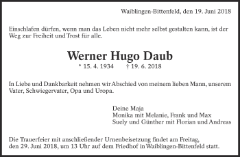 Traueranzeige von Werner Hugo Daub von Eßlinger Zeitung/Cannstatter Zeitung