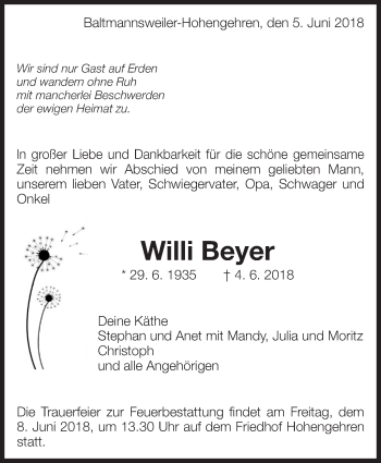 Traueranzeige von Willi Beyer von Eßlinger Zeitung/Cannstatter Zeitung