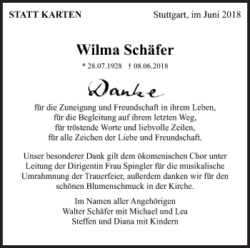 Traueranzeige von Wilma Schäfer von Eßlinger Zeitung/Cannstatter Zeitung
