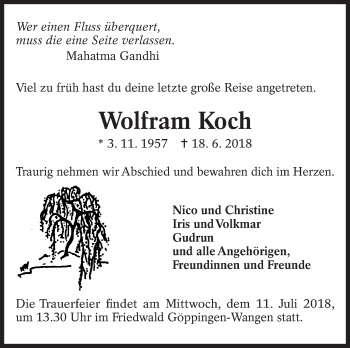 Traueranzeige von Wolfram Koch von Eßlinger Zeitung/Cannstatter Zeitung