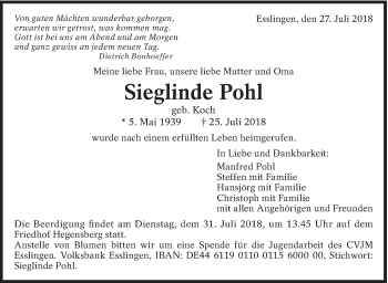 Traueranzeige von Sieglinde Pohl von Eßlinger Zeitung/Cannstatter Zeitung