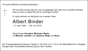 Traueranzeige von Albert Binder von Eßlinger Zeitung/Cannstatter Zeitung