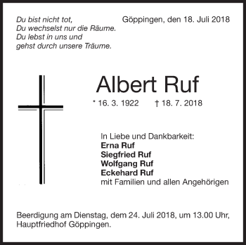 Traueranzeige von Albert Ruf von Eßlinger Zeitung/Cannstatter Zeitung