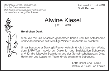 Traueranzeige von Alwine Kiesel von Eßlinger Zeitung/Cannstatter Zeitung