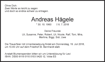 Traueranzeige von Andreas Hägele von Eßlinger Zeitung/Cannstatter Zeitung
