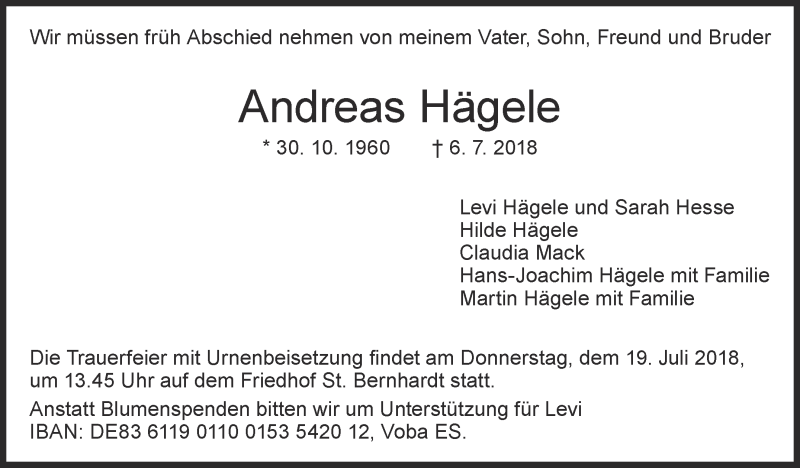  Traueranzeige für Andreas Hägele vom 13.07.2018 aus Eßlinger Zeitung/Cannstatter Zeitung