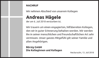 Traueranzeige von Andreas Hägele von Eßlinger Zeitung/Cannstatter Zeitung