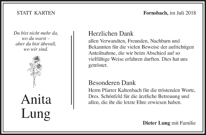  Traueranzeige für Anita Lung vom 07.07.2018 aus Eßlinger Zeitung/Cannstatter Zeitung