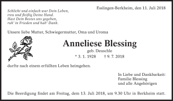 Traueranzeige von Anneliese Blessing von Eßlinger Zeitung/Cannstatter Zeitung