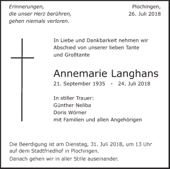 Traueranzeige von Annemarie Langhans von Eßlinger Zeitung/Cannstatter Zeitung