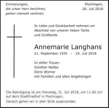 Traueranzeige von Annemarie Langhans von Eßlinger Zeitung/Cannstatter Zeitung