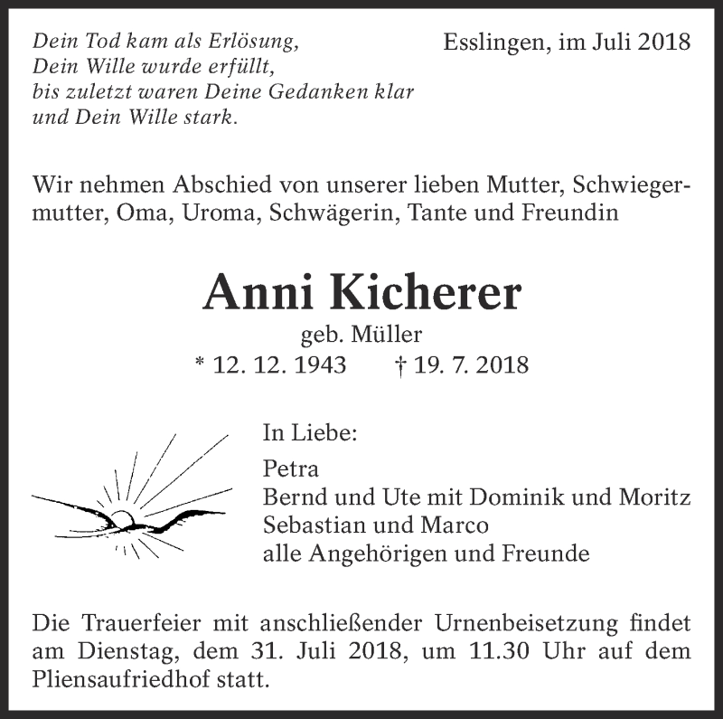  Traueranzeige für Anni Kicherer vom 25.07.2018 aus Eßlinger Zeitung/Cannstatter Zeitung