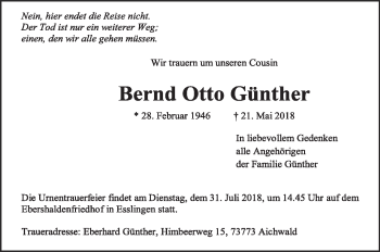 Traueranzeige von Bernd Otto Günther von Eßlinger Zeitung/Cannstatter Zeitung