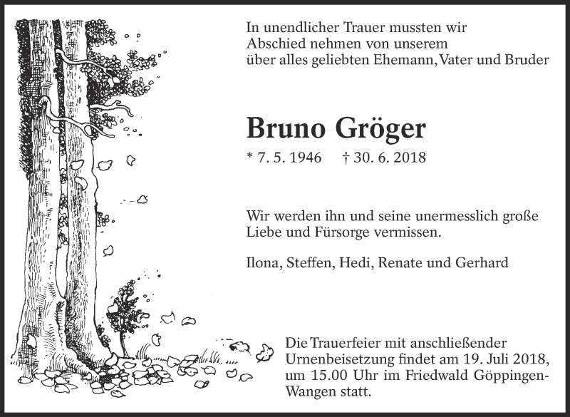  Traueranzeige für Bruno Gröger vom 09.07.2018 aus Eßlinger Zeitung/Cannstatter Zeitung