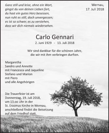 Traueranzeige von Carlo Gennari von Eßlinger Zeitung/Cannstatter Zeitung