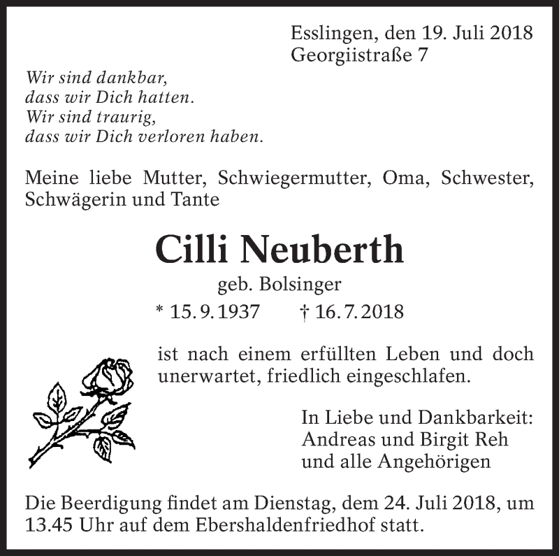  Traueranzeige für Cilli Neuberth vom 19.07.2018 aus Eßlinger Zeitung/Cannstatter Zeitung