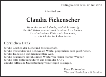 Traueranzeige von Claudia Fickenscher von Eßlinger Zeitung/Cannstatter Zeitung