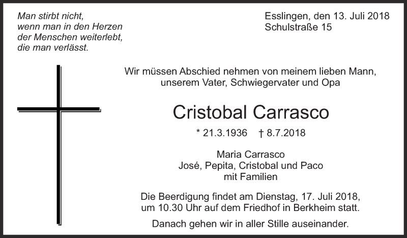  Traueranzeige für Cristobal Carrasco vom 13.07.2018 aus Eßlinger Zeitung/Cannstatter Zeitung