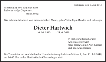 Traueranzeige von Dieter Hartwich von Eßlinger Zeitung/Cannstatter Zeitung