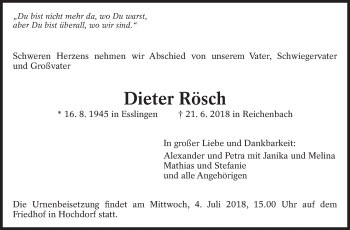 Traueranzeige von Dieter Rösch von Eßlinger Zeitung/Cannstatter Zeitung