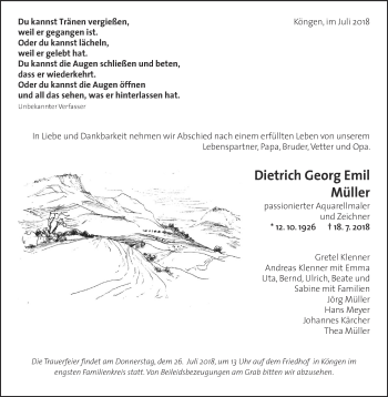 Traueranzeige von Dietrich Georg Emil Müller von Eßlinger Zeitung/Cannstatter Zeitung