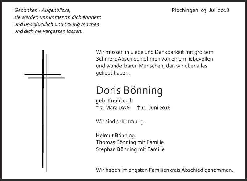  Traueranzeige für Doris Bönning vom 03.07.2018 aus Eßlinger Zeitung/Cannstatter Zeitung