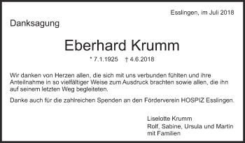 Traueranzeige von Eberhard Krumm von Eßlinger Zeitung/Cannstatter Zeitung