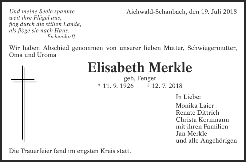  Traueranzeige für Elisabeth Merkle vom 19.07.2018 aus Eßlinger Zeitung/Cannstatter Zeitung