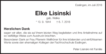 Traueranzeige von Elke Lisinski von Eßlinger Zeitung/Cannstatter Zeitung