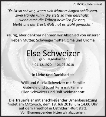 Traueranzeige von Else Schweizer von Eßlinger Zeitung/Cannstatter Zeitung