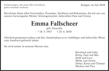 Traueranzeige von Emma Fallscheer von Eßlinger Zeitung/Cannstatter Zeitung