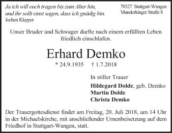 Traueranzeige von Erhard Demko von Eßlinger Zeitung/Cannstatter Zeitung