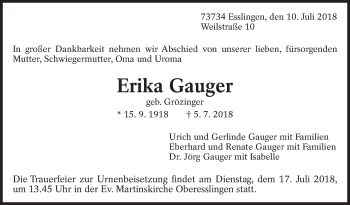 Traueranzeige von Erika Gauger von Eßlinger Zeitung/Cannstatter Zeitung