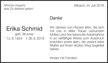Traueranzeige von Erika Schmid von Eßlinger Zeitung/Cannstatter Zeitung