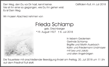 Traueranzeige von Frieda Schlamp von Eßlinger Zeitung/Cannstatter Zeitung