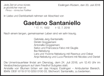 Traueranzeige von Gaetano Santaniello von Eßlinger Zeitung/Cannstatter Zeitung