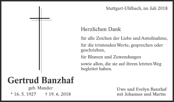 Traueranzeige von Gertrud Banzhaf von Eßlinger Zeitung/Cannstatter Zeitung