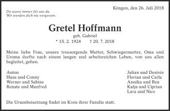 Traueranzeige von Gretel Hoffmann von Eßlinger Zeitung/Cannstatter Zeitung