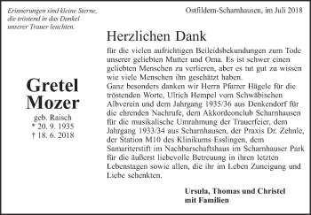 Traueranzeige von Gretel Mozer von Eßlinger Zeitung/Cannstatter Zeitung