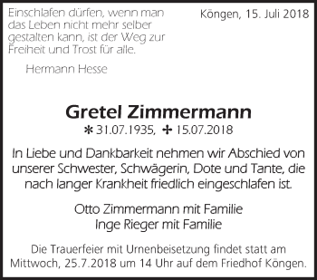 Traueranzeige von Gretel Zimmermann von Eßlinger Zeitung/Cannstatter Zeitung