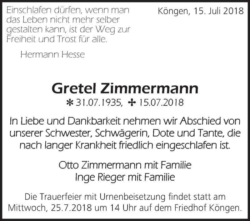  Traueranzeige für Gretel Zimmermann vom 17.07.2018 aus Eßlinger Zeitung/Cannstatter Zeitung