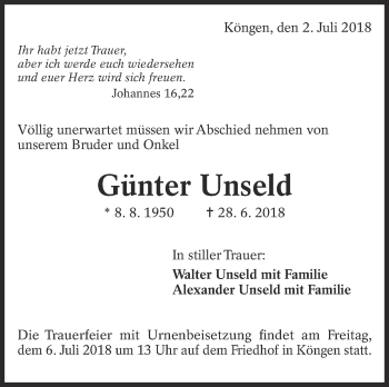 Traueranzeige von Günter Unseld von Eßlinger Zeitung/Cannstatter Zeitung