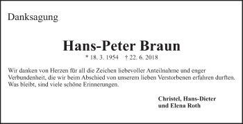 Traueranzeige von Hans-Peter Braun von Eßlinger Zeitung/Cannstatter Zeitung