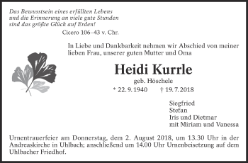 Traueranzeige von Heidi Kurrle von Eßlinger Zeitung/Cannstatter Zeitung