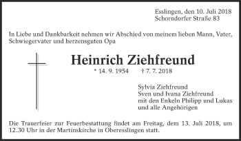 Traueranzeige von Heinrich Ziehfreund von Eßlinger Zeitung/Cannstatter Zeitung